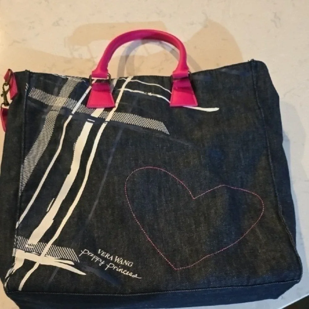 Vera Wang Preppy Princess Denim Tote Bag Pink Heart Crossbody Dark Wash Blue